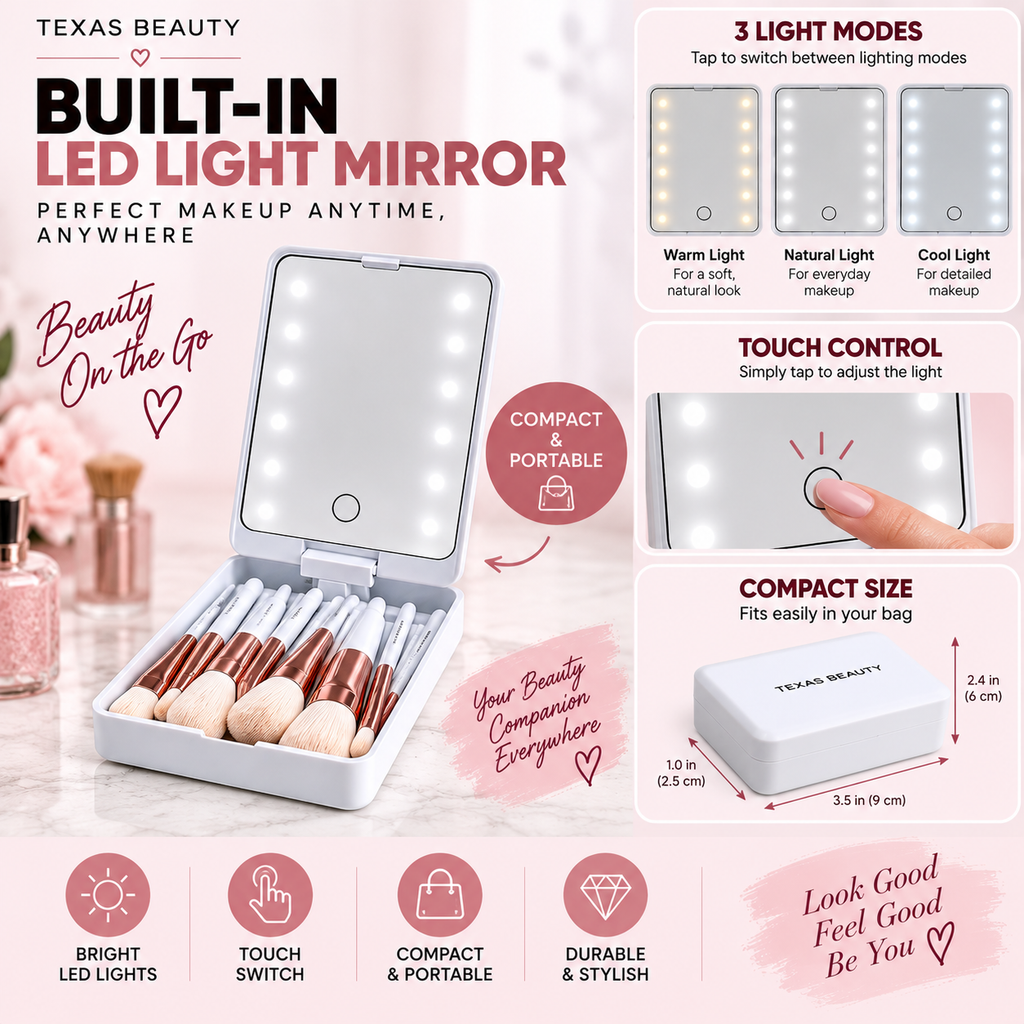 Texas Beauty 14-Piece Makeup Brush Set with LED Light Mirror & Travel Case – White Color