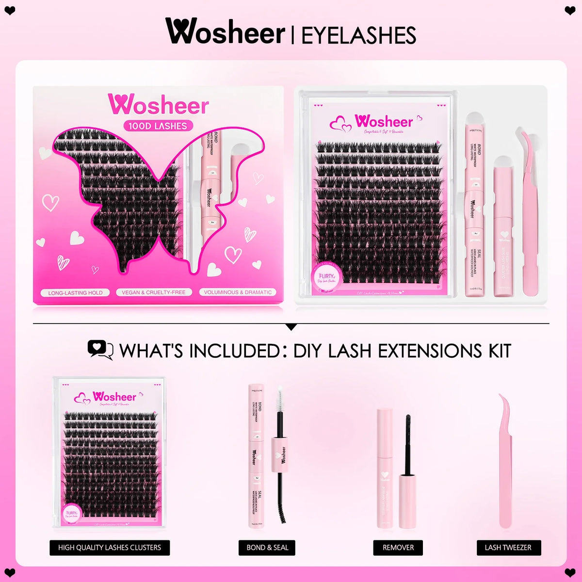 WOSHEER Eyelash Clusters Kit Thick Individual Lashes Lash Bond And Seal And Remover Faux Mink Lashes Eyelash Extension DIY