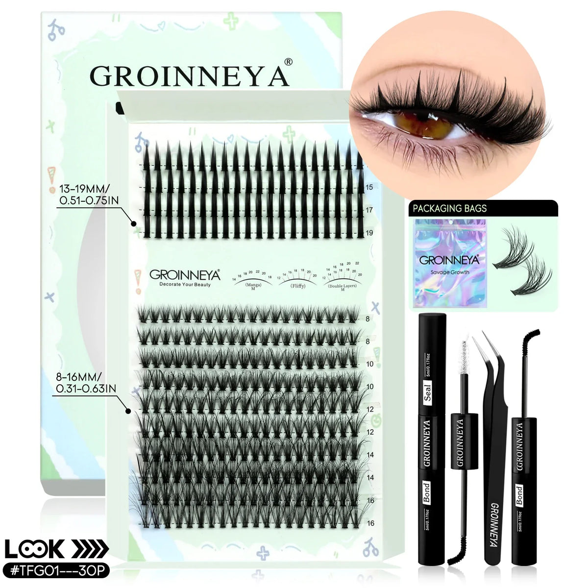 GROINNEYA Lash Clusters Kit Spikes Lash Individuals Eyelash Clusters D-Curly Lash Clusters Kit with Bond and Seal Makeup