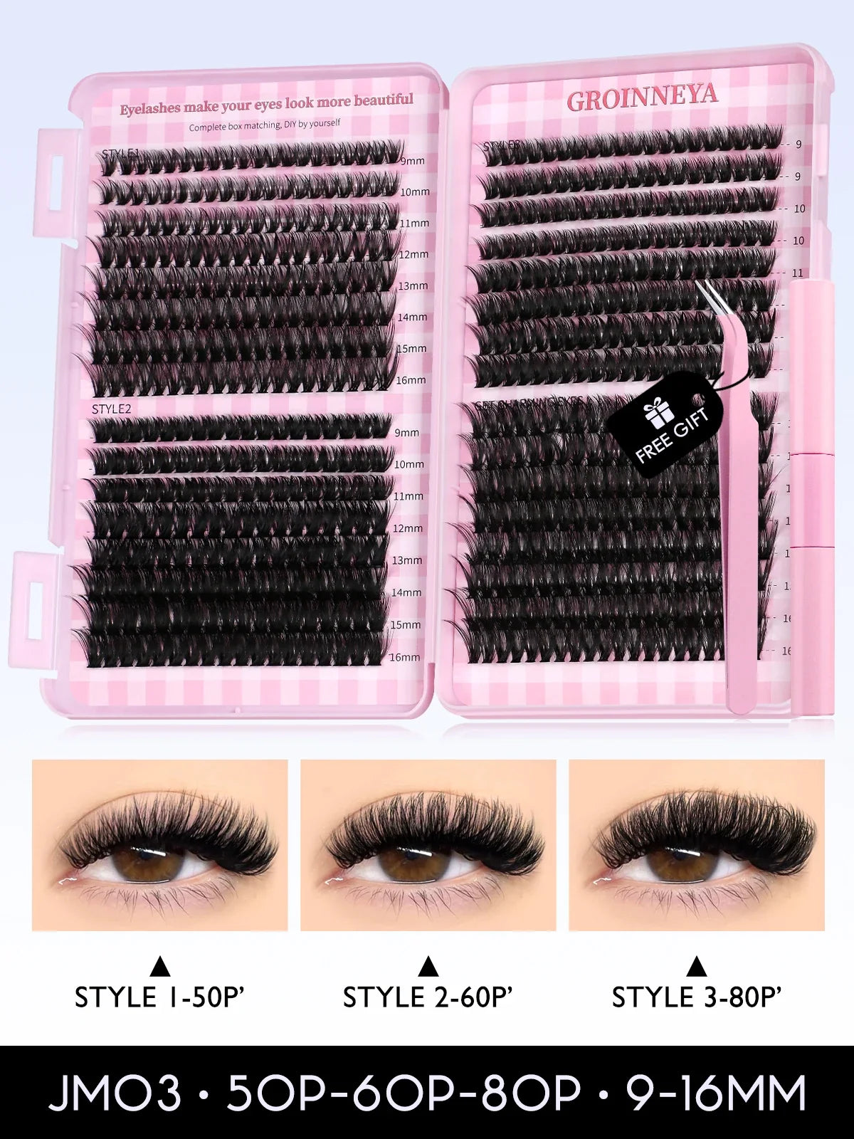 GROINNEYA Lash Clusters Kit Cat Lashes 640 Pcs with Lash Bond & Seal Cluster Eyelash Extensions Eyelash Clusters Kit DIY at Home