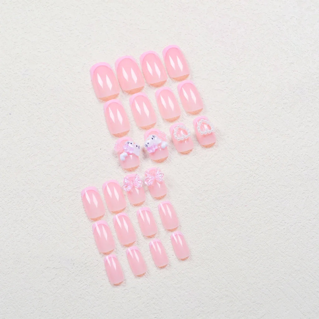 24 Medium Square Nail Pink French Cute Cartoon Cat White Love Camellia Nail Patch Jelly Powder Bow Wear Nail Set