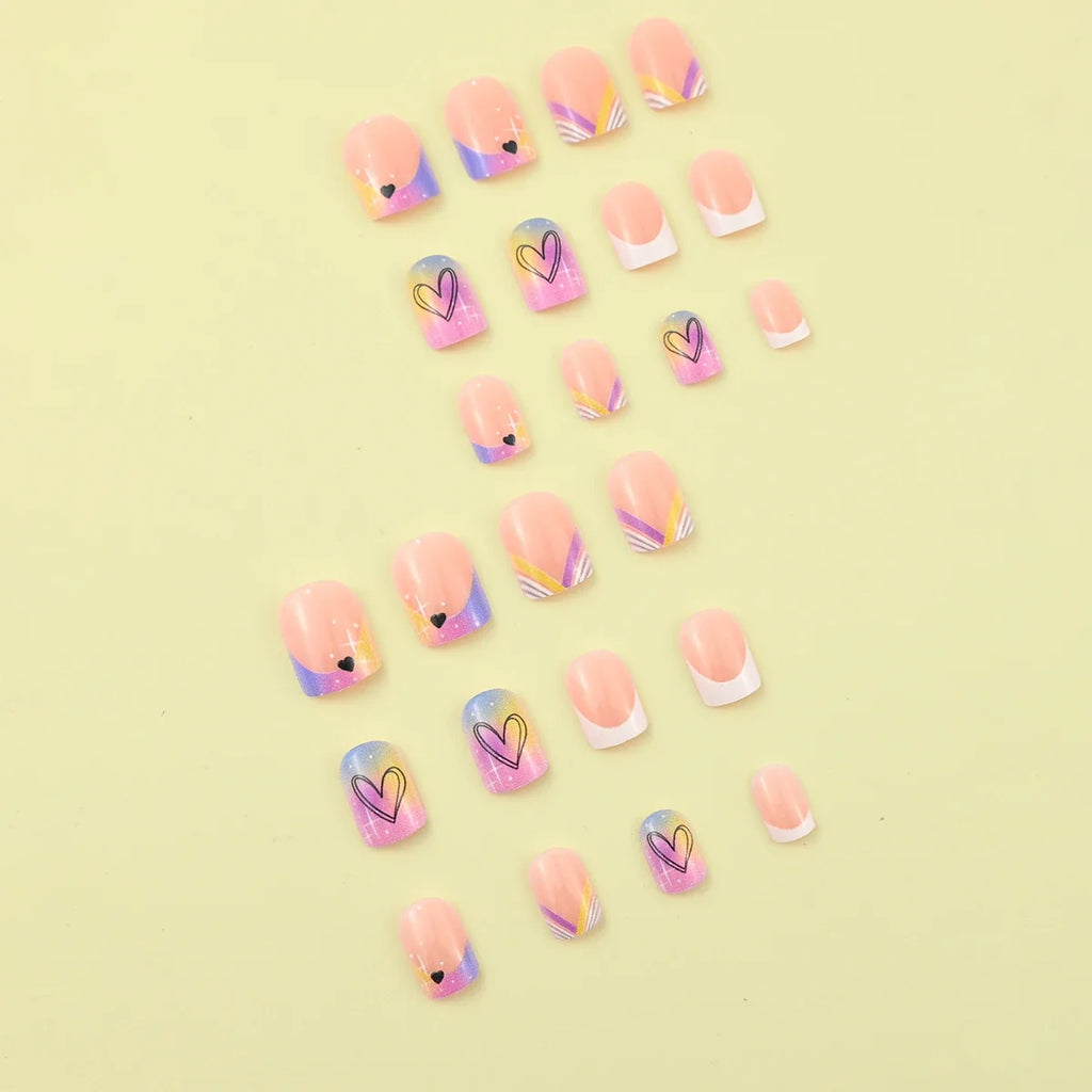 24 pieces of short square fake nails, featuring a halo dyed gradient heart and a colorful French design in European and American