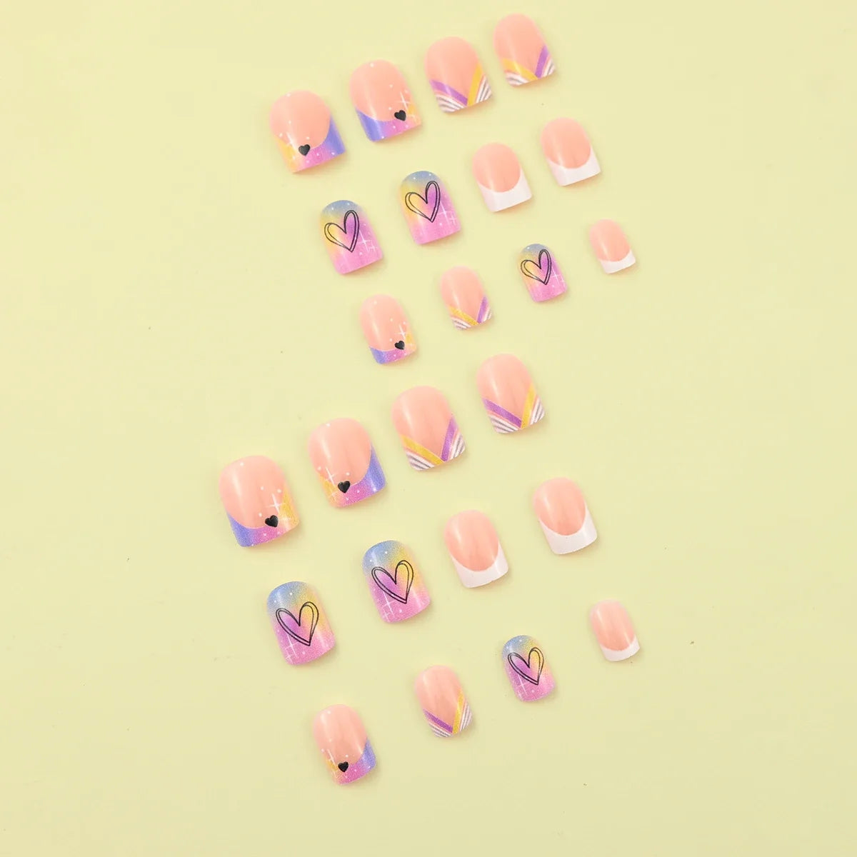 24 pieces of short square fake nails, featuring a halo dyed gradient heart and a colorful French design in European and American