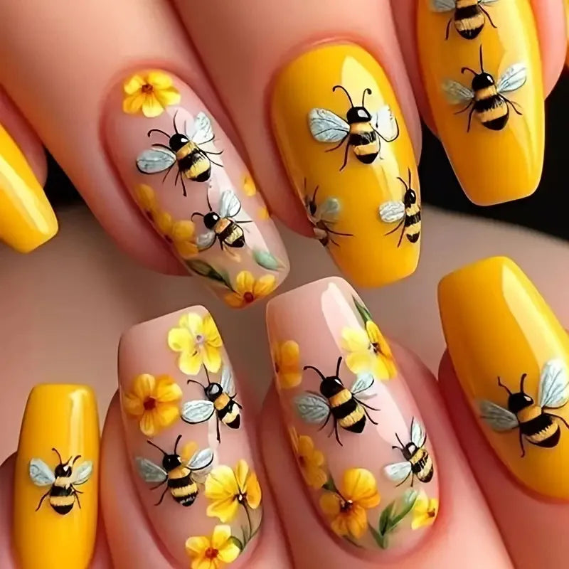 24pcs/set Medium long fake nails for women Spring summer flowers butterfly bee design faux ongles tips press on false nail art