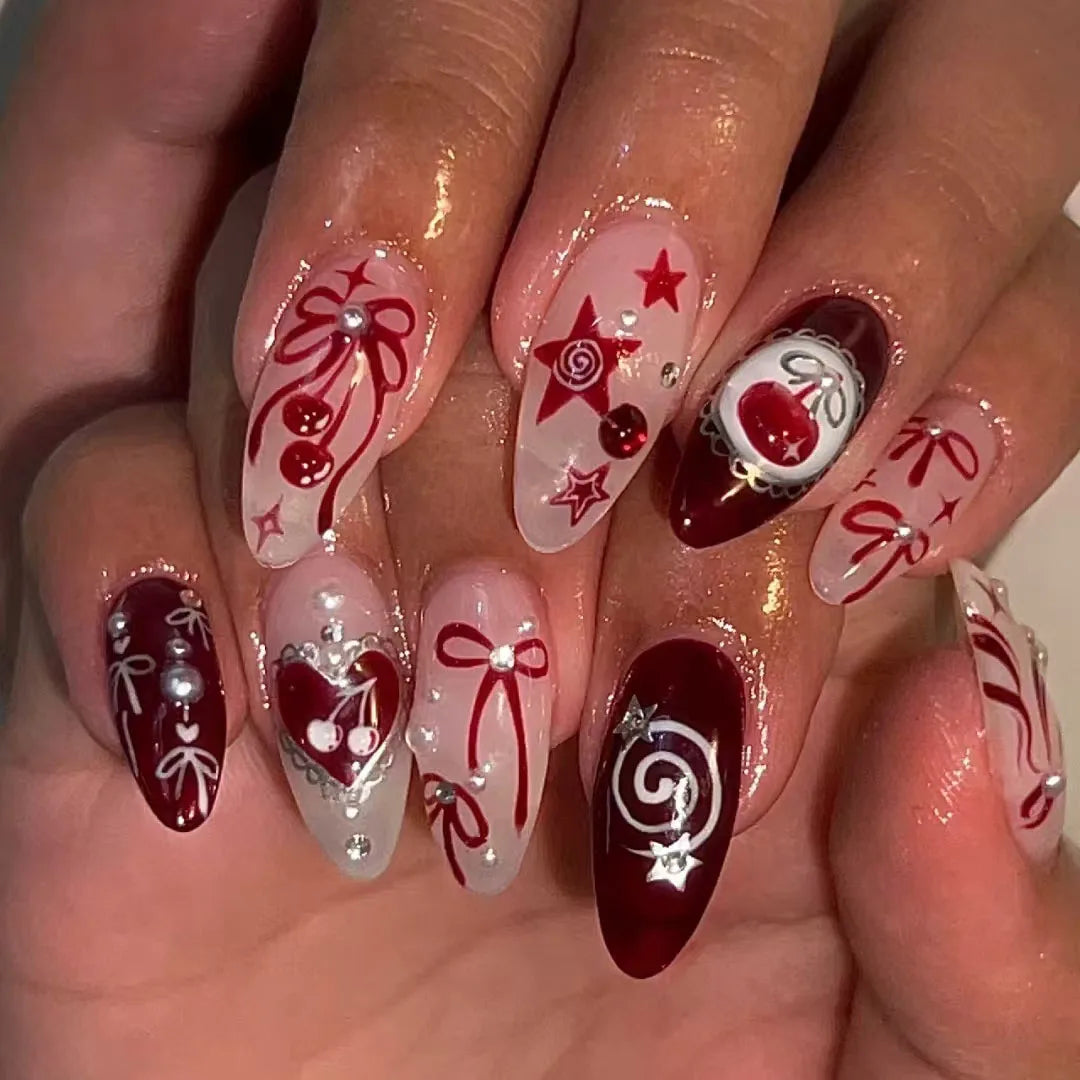 24PCS Wine Red Almond Press on Nails Cartoon Rabbit Bowknot with Plaid Pearl Designs French Fake Nails for Girls Detachable Nail