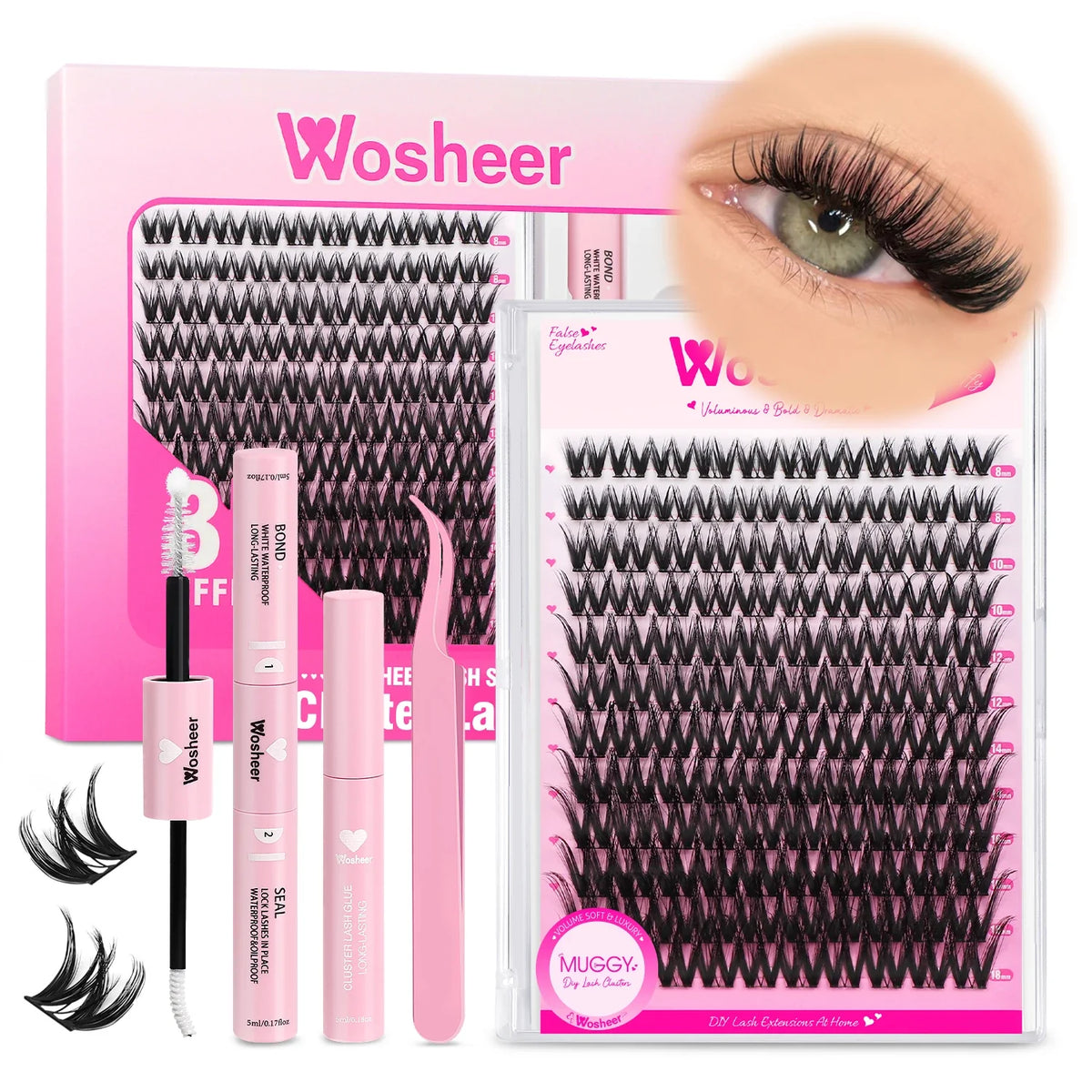 WOSHEER Eyelash Clusters Kit Thick Individual Lashes Lash Bond And Seal And Remover Faux Mink Lashes Eyelash Extension DIY