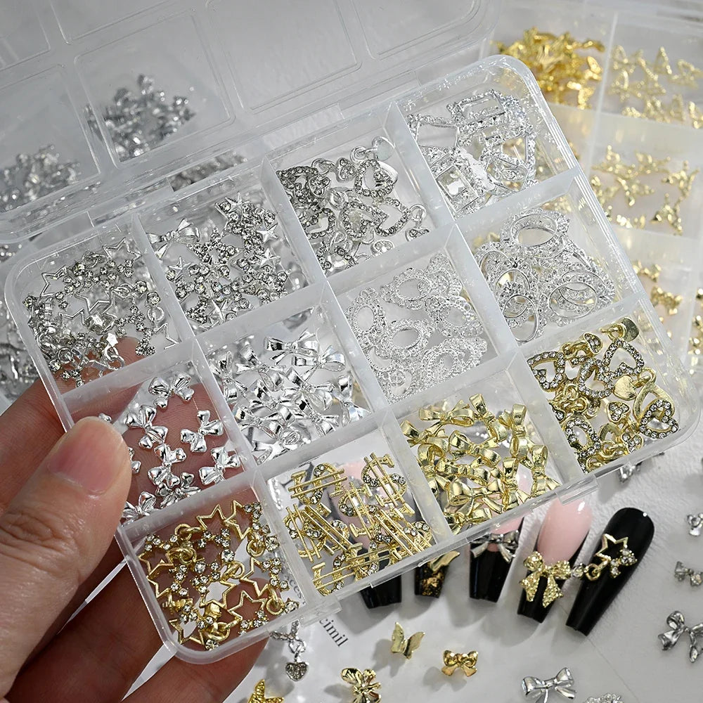 120pcs/box 3D Gold Bow Butterfly Nail Metal Charms Shiny Cute Bowtie/Diamond Star Nail Jewelry 120 Luxury Nail Art Supplies #RE4