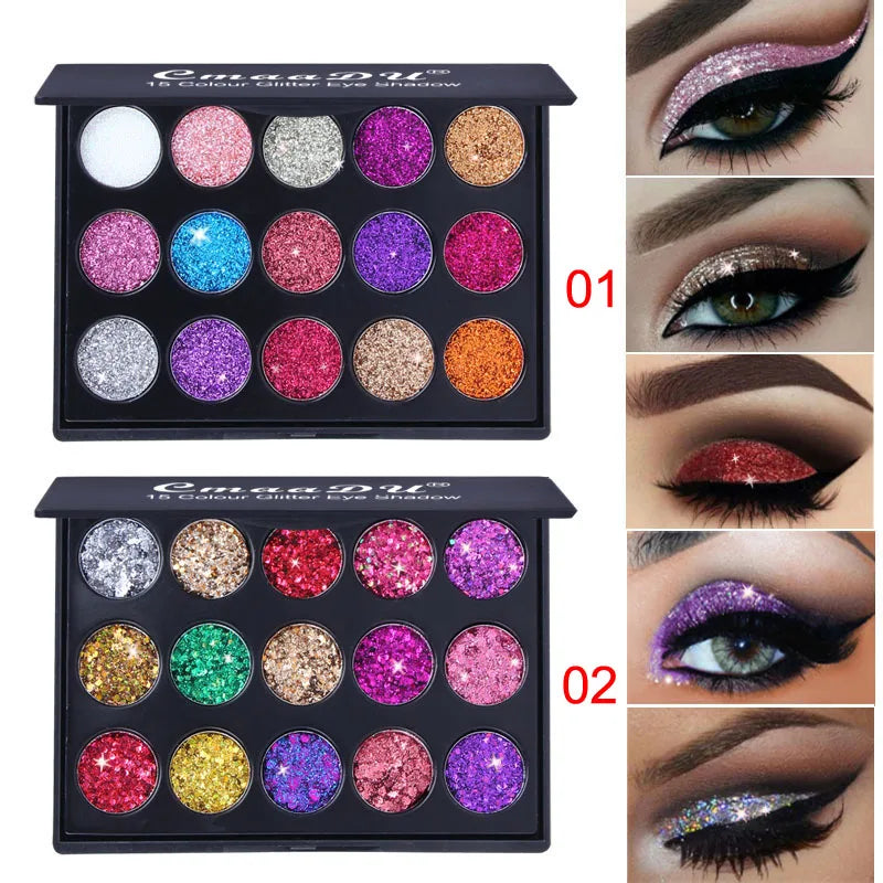 CmaaDu 15 Colors Gold Scallion Powder Diamond Glitter Eyeshadow Tray Shimmering Dazzling Universal Waterproof Easy to Color