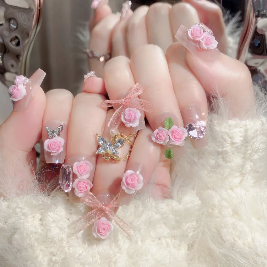 24pcs New Year Heavy Metal Press on Nails Chinese Bride Wedding Fake Nails Full Cover Wearable Shiny Large Crystal False Nails