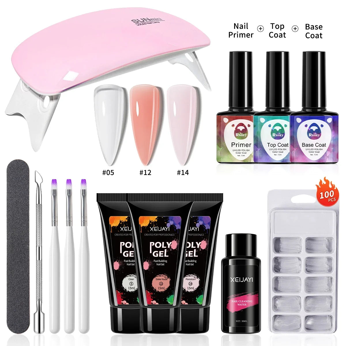 3pcs 15ml Poly Nail Gel Full Set For Extention Gel Polish Steal Push, Base And Top Coat, Cleaning Water And Nail Mold Kit Set