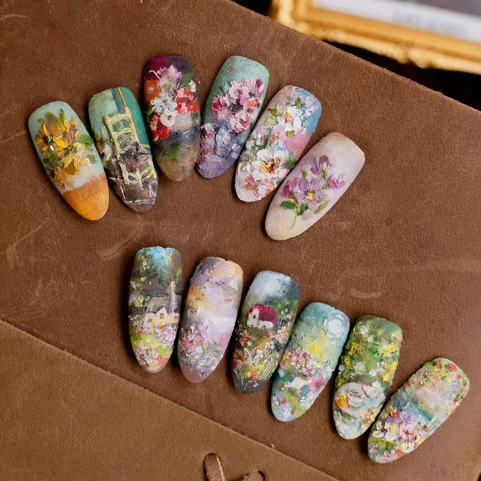 24pcs Flower Print Press on Nails Wine Red Blush Almond False Nail Tips Wearable Reusable Summer Spicy Girl Fake Nails