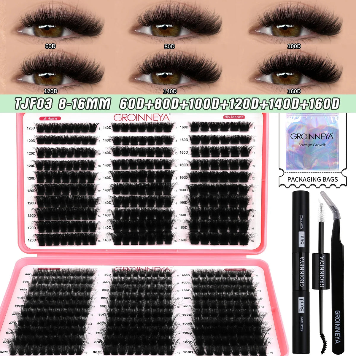 GROINNEYA DIY Lash Clusters Kit Mixed Tray Eyelash Extension Full Set Individual Lashes with Lash Bond&Seal and Tweezers Tool