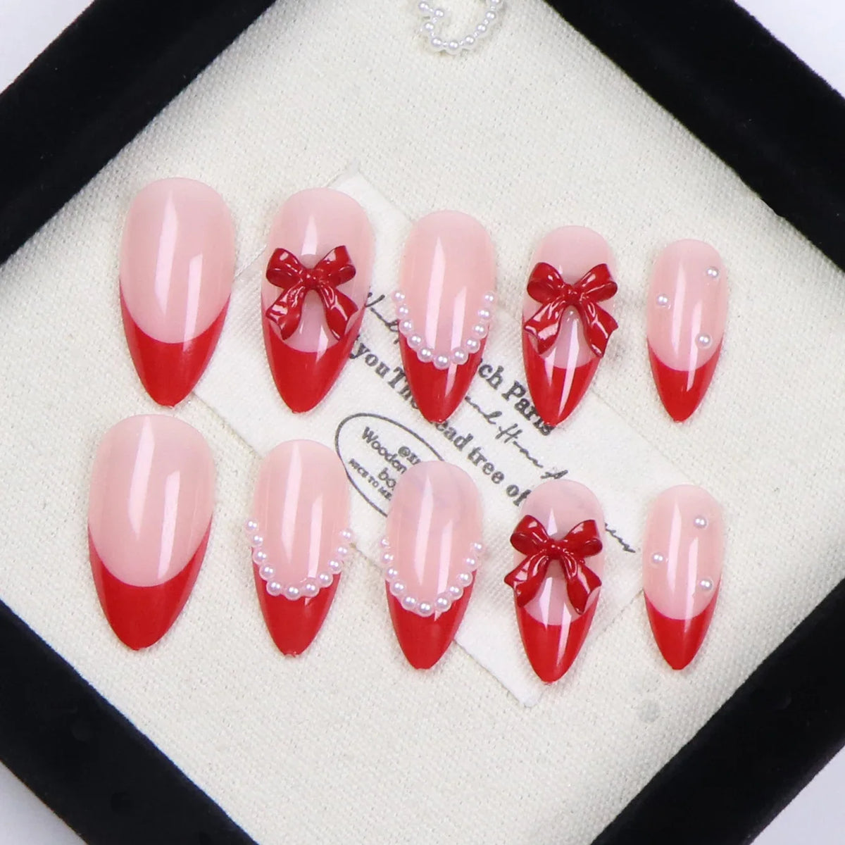 24PCS French Almond Fake Nails With Red Bow And White Pearl Design, Fully Covered Acrylic Fake Nails For Women