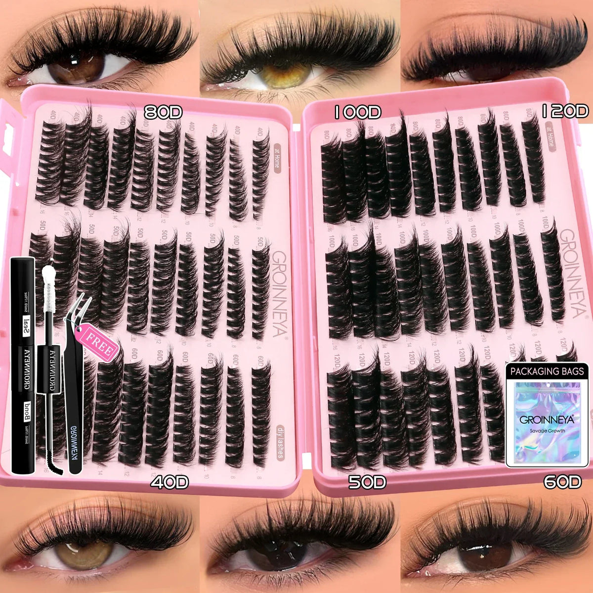GROINNEYA Lash Clusters Kit Cat Lashes with Lash Bond & Seal Wispy Cluster Eyelash Clusters Kit DIY Eyelash Extensions at Home