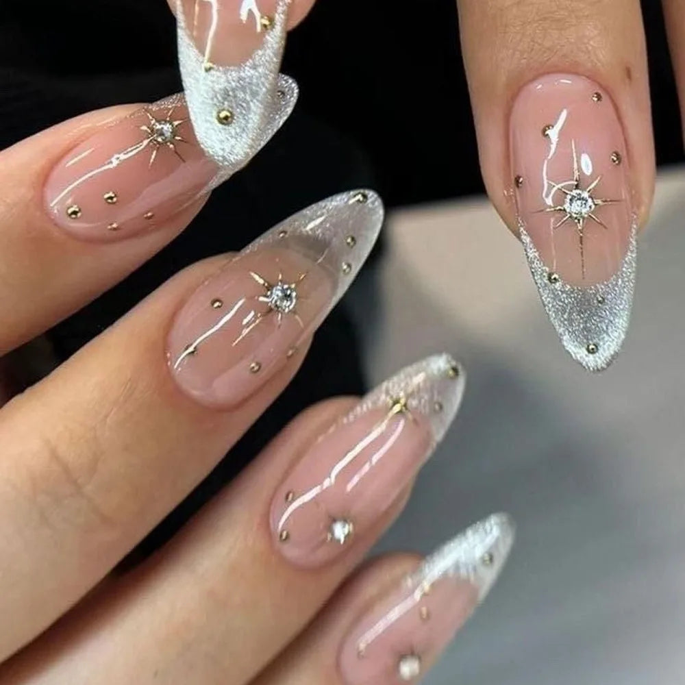 24Pcs Metallic Cat Eye French Sheer Manicure Tip Art Textured 3D Acrylic False Nails Nude Pink Almond Medium Press on Fake Nails