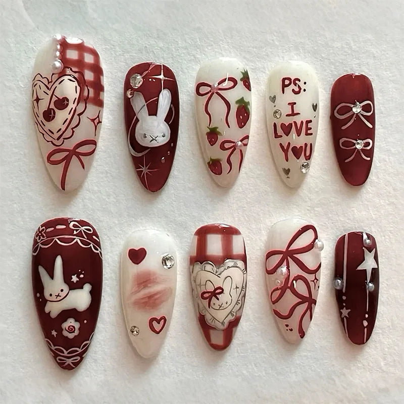 24PCS Wine Red Almond Press on Nails Cartoon Rabbit Bowknot with Plaid Pearl Designs French Fake Nails for Girls Detachable Nail