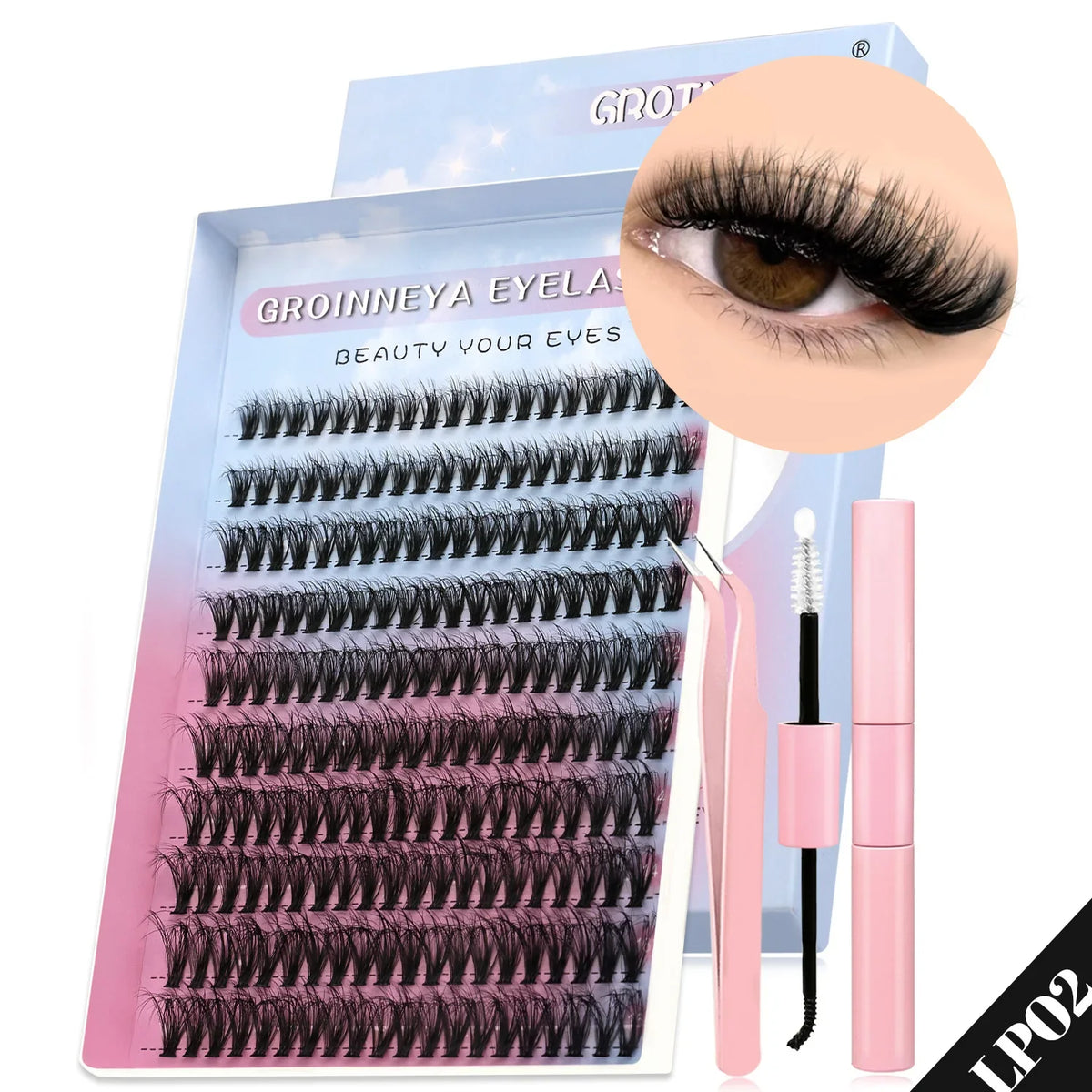 GROINNEYA Lash Clusters Kit Cat Lashes 640 Pcs with Lash Bond & Seal Cluster Eyelash Extensions Eyelash Clusters Kit DIY at Home