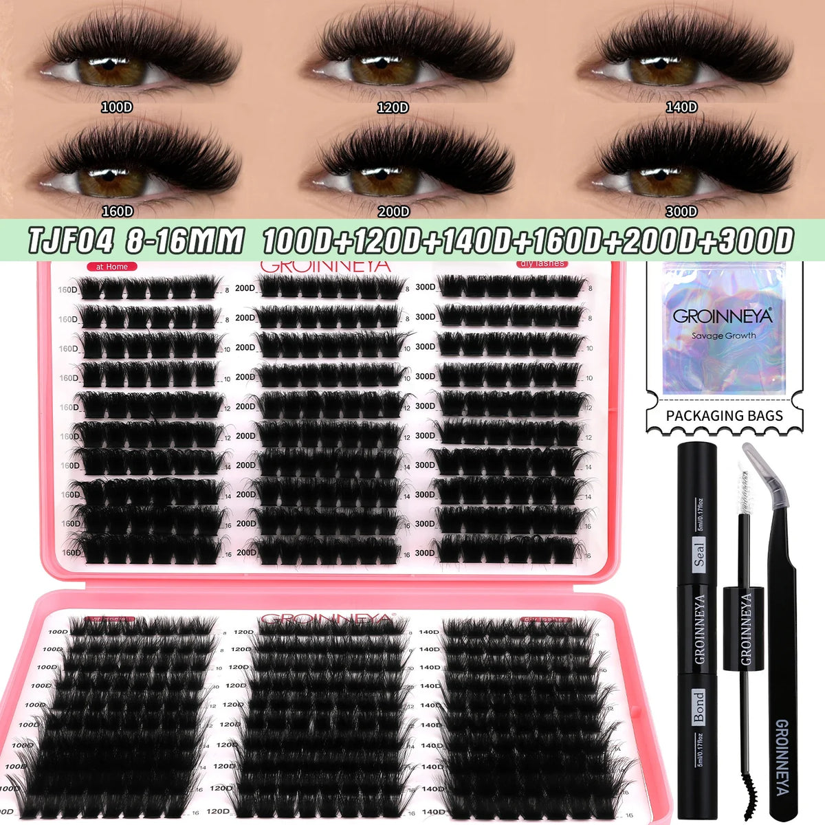 GROINNEYA DIY Lash Clusters Kit Mixed Tray Eyelash Extension Full Set Individual Lashes with Lash Bond&Seal and Tweezers Tool
