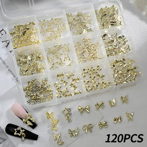 120pcs/box 3D Gold Bow Butterfly Nail Metal Charms Shiny Cute Bowtie/Diamond Star Nail Jewelry 120 Luxury Nail Art Supplies #RE4