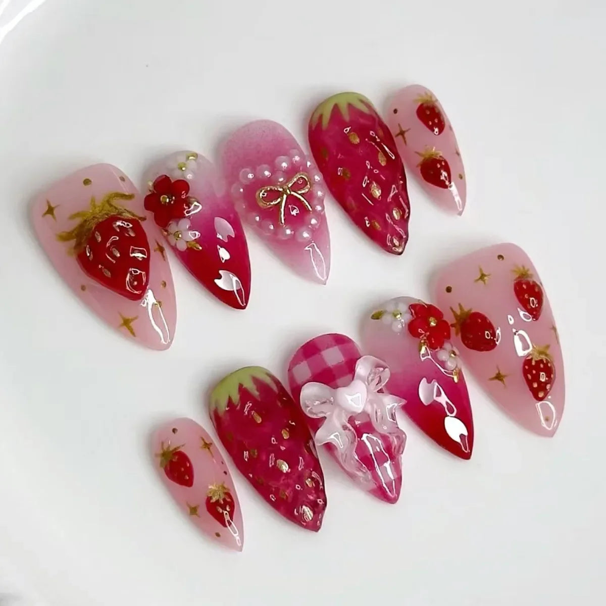 24PCS Wine Red Almond Press on Nails Cartoon Rabbit Bowknot with Plaid Pearl Designs French Fake Nails for Girls Detachable Nail