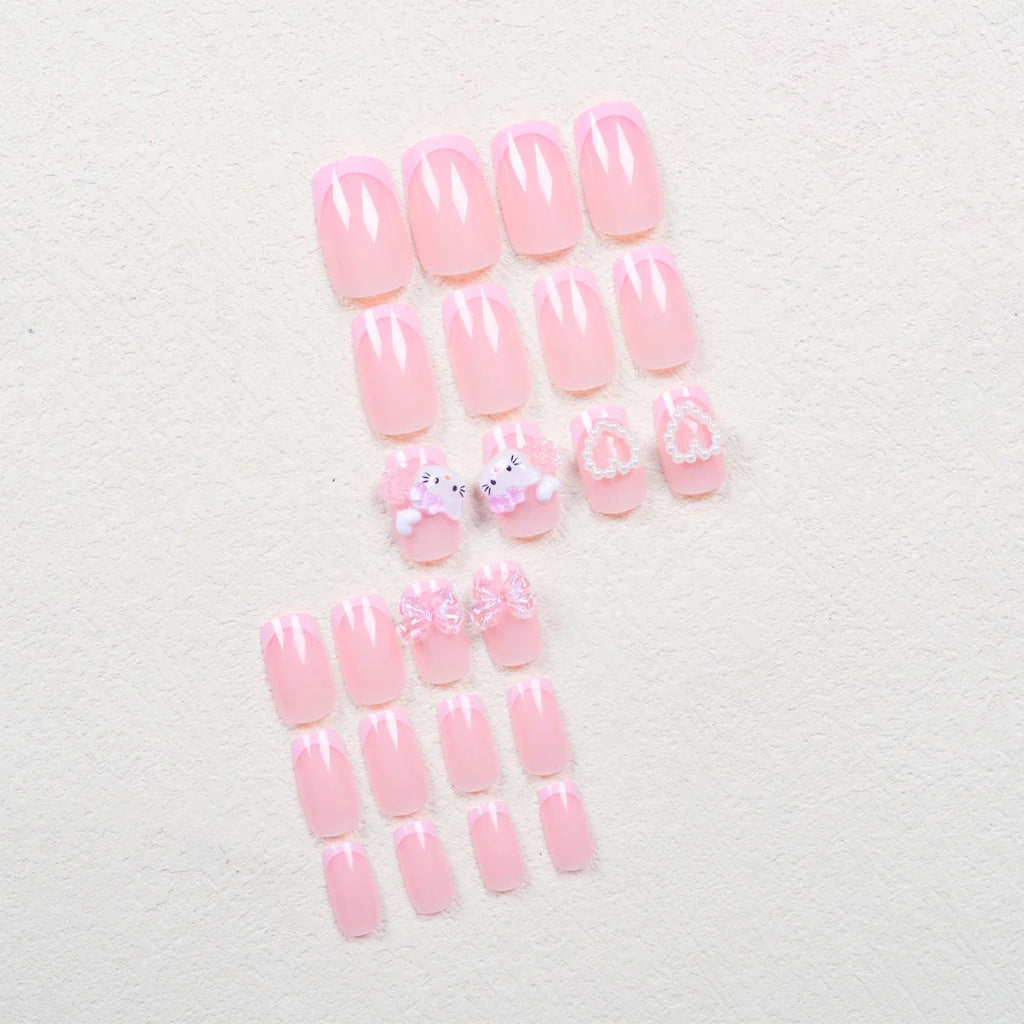 24 Medium Square Nail Pink French Cute Cartoon Cat White Love Camellia Nail Patch Jelly Powder Bow Wear Nail Set