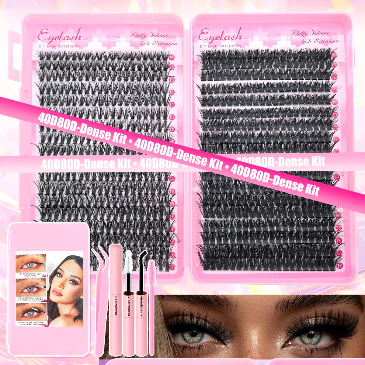 DIY Lash Extension Kit Clusters Individual Eyelashes Kit 9-16mm with Bond and Seal Wispy Natural Mange Lashes