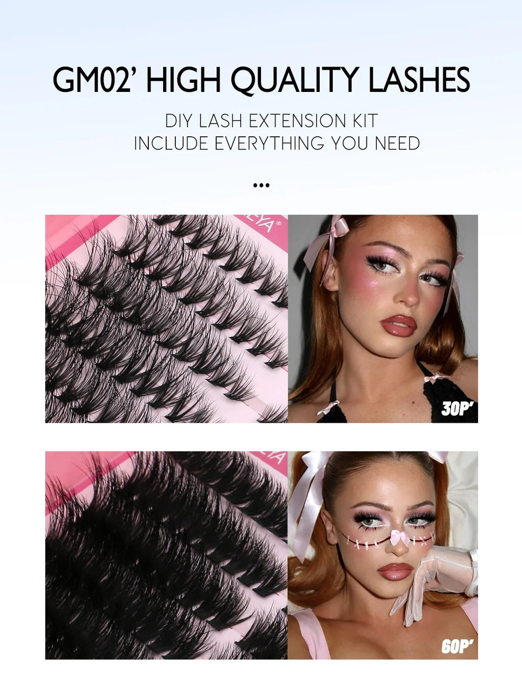 GROINNEYA Lash Clusters Kit Cat Lashes 640 Pcs with Lash Bond & Seal Cluster Eyelash Extensions Eyelash Clusters Kit DIY at Home