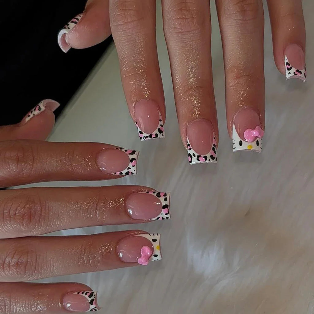 24 Medium Square Nail Pink French Cute Cartoon Cat White Love Camellia Nail Patch Jelly Powder Bow Wear Nail Set