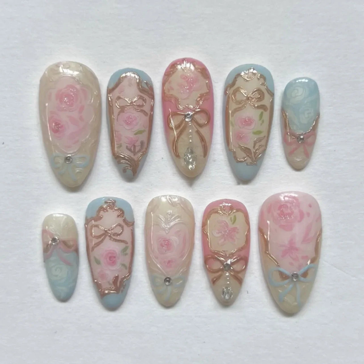24pcs Sweet False Nail Patches Detachable Fake Nail Tips With Bowknots Love Heart Pearl Design Pink Almond Korean Press On Nail
