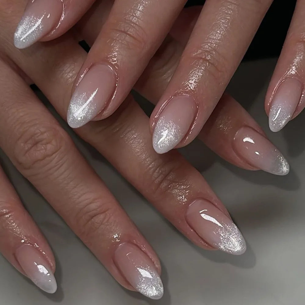 24Pcs Metallic Cat Eye French Sheer Manicure Tip Art Textured 3D Acrylic False Nails Nude Pink Almond Medium Press on Fake Nails