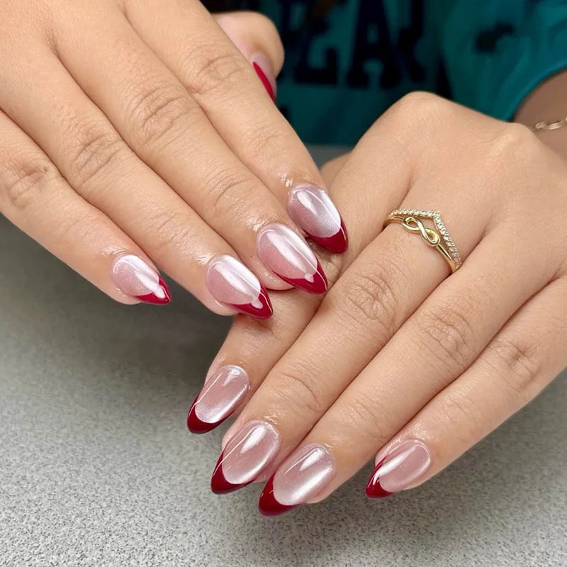 24pcs Glossy Red Cat's Eye Press On Nails Full Cover Nude Color Wearable Almond False Nails Charms Detachable Fake Nail For Girl