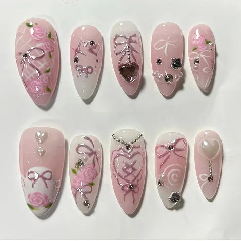 24pcs Sweet False Nail Patches Detachable Fake Nail Tips With Bowknots Love Heart Pearl Design Pink Almond Korean Press On Nail